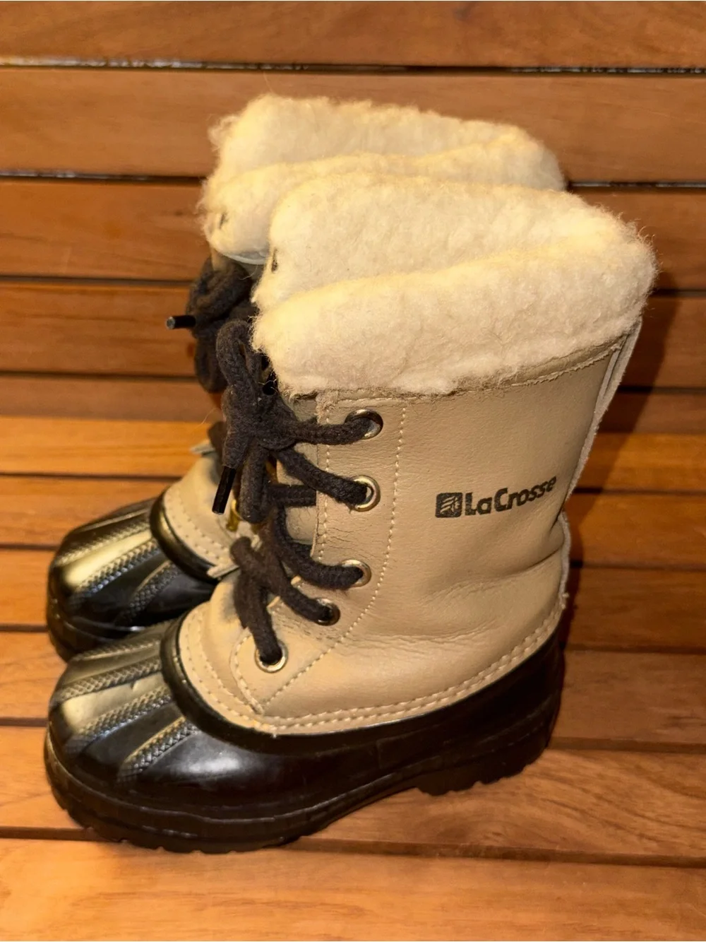 Vintage LaCrosse Youth Pac Snow Boots Sz 8 Toddler Made in USA Tan Black Fleece